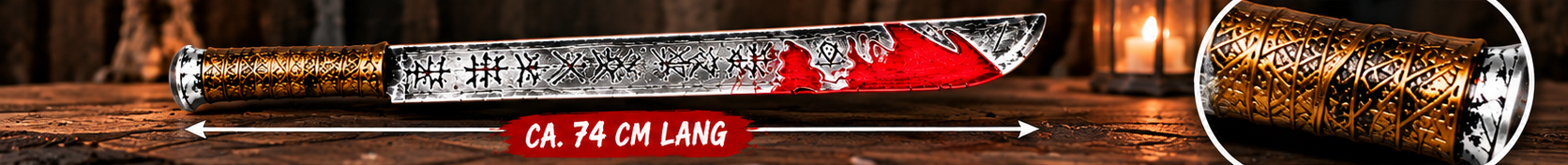 Halloween-Machete mit ca. 74 cm Länge und verziertem braun-goldfarbenem Griff
